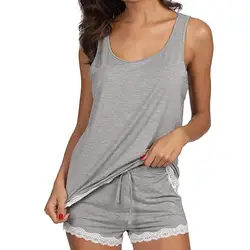 Комплект одежды для сна без рукавов для женщин Модальные пижамы топы и брюки кружевные комплекты повседневные сексуальные короткие шорты