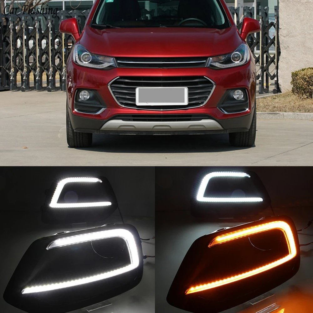 

Car flashing 2PCS DRL Lamp LED Daytime Running Light Daylight For Chevrolet Trax 2017 2018 Yellow Turn Signal Relay Waterproof