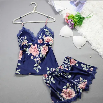 

New Sleep Lounge Women Pajama Set Sexy Satin Sleepwear Women Pyjama Femme Fashion Flower Print Pajamas For Women Sling Nightwear