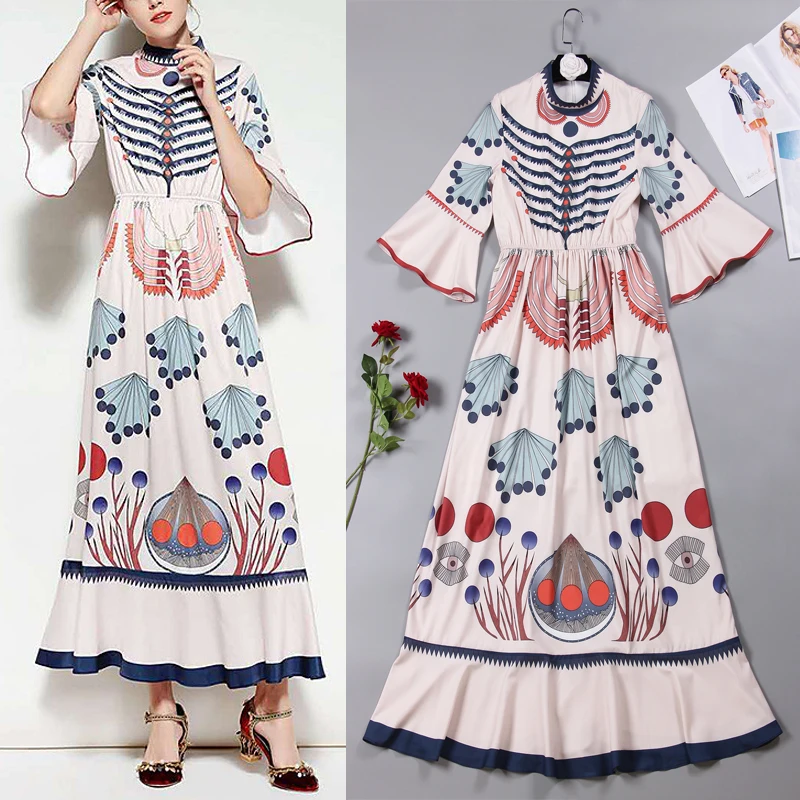 

Runway Dress 2019 Spring Summer Fashion Luxury Designers High Quality Bohemian Flare Sleeve Boho Printed Women Maxi Dress Robe