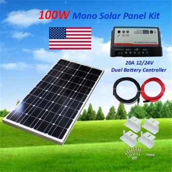 

Monocrystalline Solar Panel 100W Solar Panel Kit off Grid System 30A Dual battery Controller 12V Battery RV