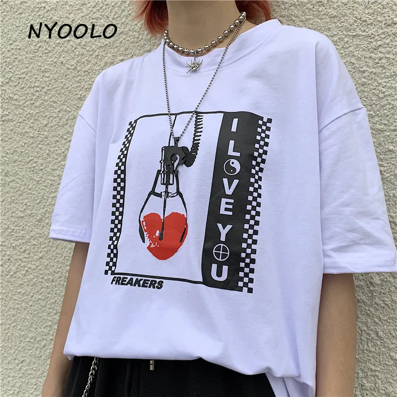 

NYOOLO 2019 Novelty design love doll machine letters print t shirt Summer loose short sleeve t-shirt women clothing tops tee