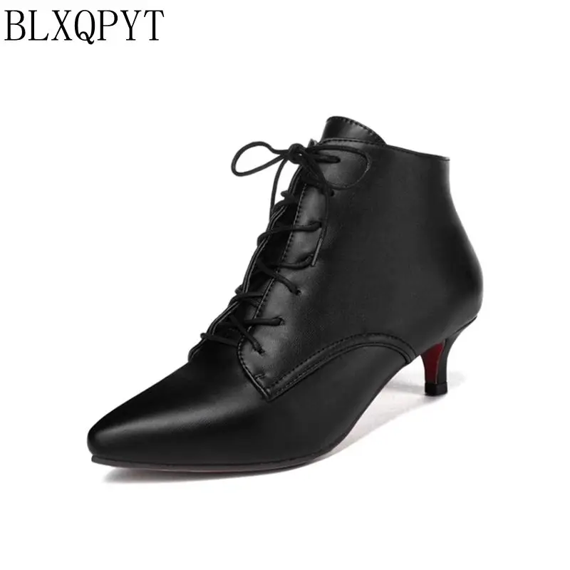 Najtaniej BLXQPYT Big size wiosna jesień Stiletto cienkie niskie obcasy szpiczasty nosek skórzane sznurowane styl Sexy buty damskie do kostki buty kobieta 56 6