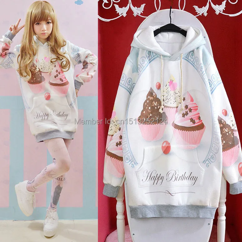 

Cute Winter Womens Lolita Cream Chocolate Ice-cream Kawaii Loose Hoodie Harajuku Long Sleeve Top Tee Fairy Kai