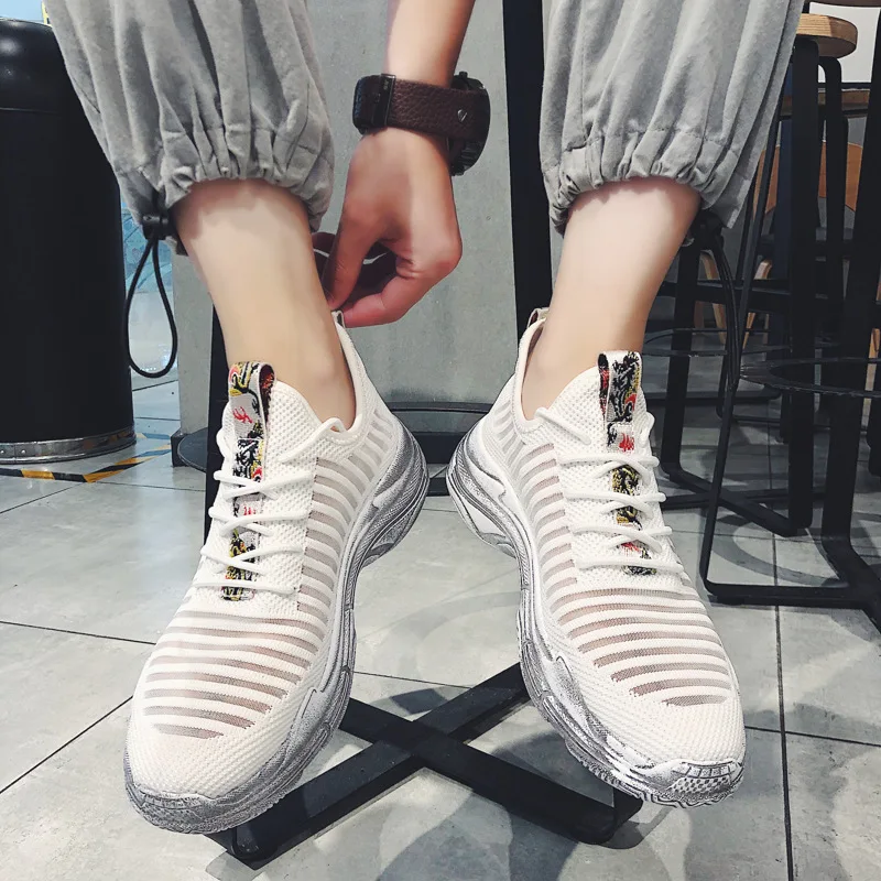 Ins Male Shoe Perforation Student Network Cloth Shoe Ventilation White Shoes Flying Motion Dad Shoe Zapatos De Hombre Sneakers
