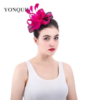 

Feather flower wedding party tea fascinators hot pink beauty hats chuch hair headwear accessories with hair combs sinamay fedora
