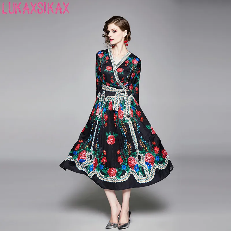 

LUKAXSIKAX 2019 New Spring Autumn Women Long Sleeve Dress High Quality Rose Flowers Print Runway Pleated Long Dress