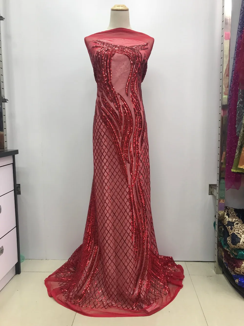 

French lace fabrics 5yds/pce by dhl red sequins fabrics for women event party asoebi luxury dresses 2019 high quality designs