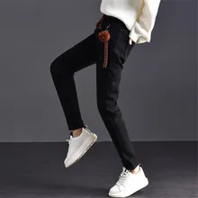 Зимние плотные джинсы для женщин, средняя талия, флокирование, эластичные хлопковые шаровые джинсовые штаны-шаровары, женские брюки-бойфренды, эластичные черные