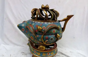 

free shipping 13" China Cloisonne bronze gild carved longevity peach Incense Burner Statue