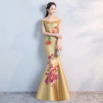 

Noble Gold Women Flower Mermaid Gowns Bridesmaid Bride Wedding Dress Elegant Evening Party Cheongsam Satin Short Sleeve Qipao