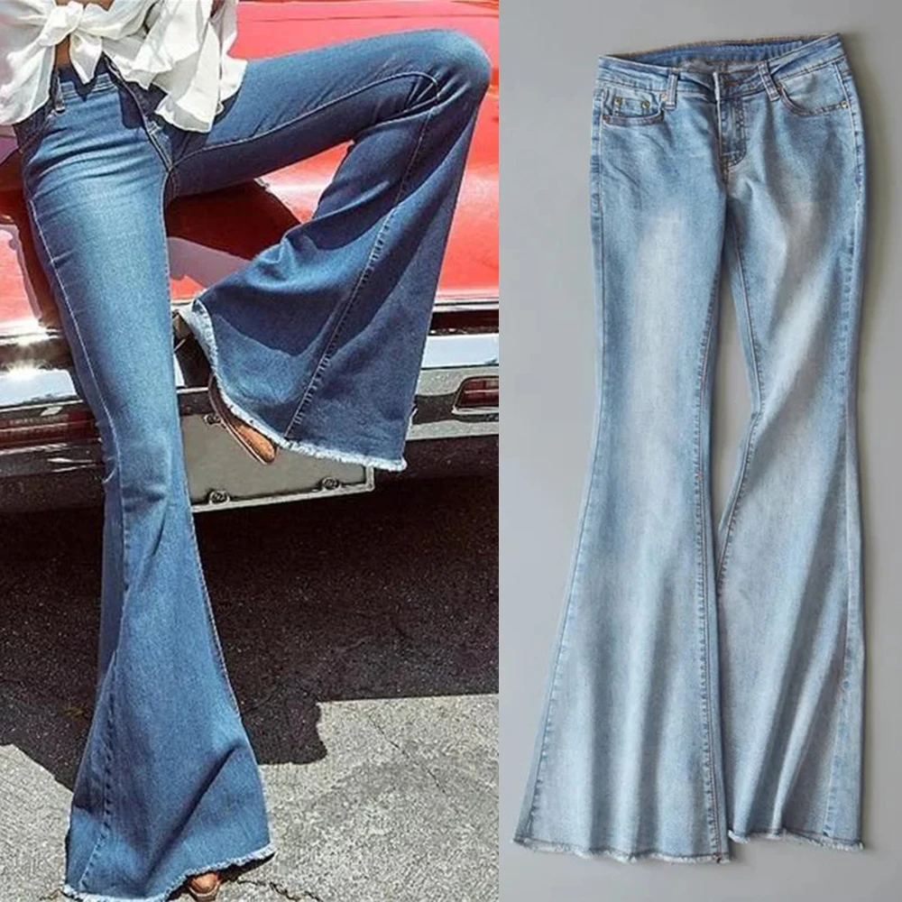 Litthing новые весенние женские синие расклешенные брюки со средней талией, женские сексуальные тянущиеся джинсы, модные широкие джинсовые брюки