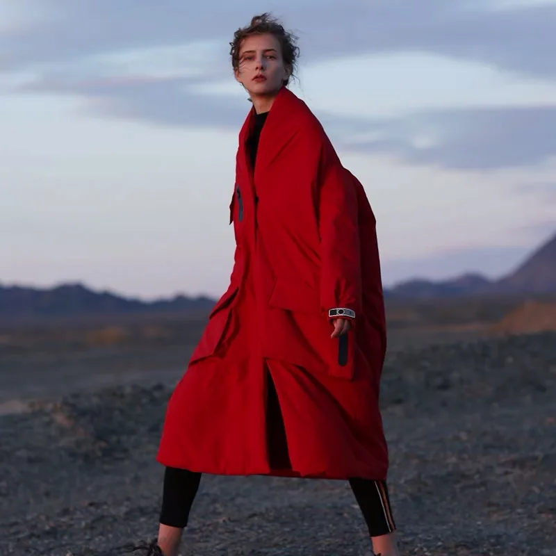 IRINAW175 зимняя новая коллекция, дизайн, повседневное красное двустороннее длинное плотное пальто большого размера, женское белое пуховое пальто