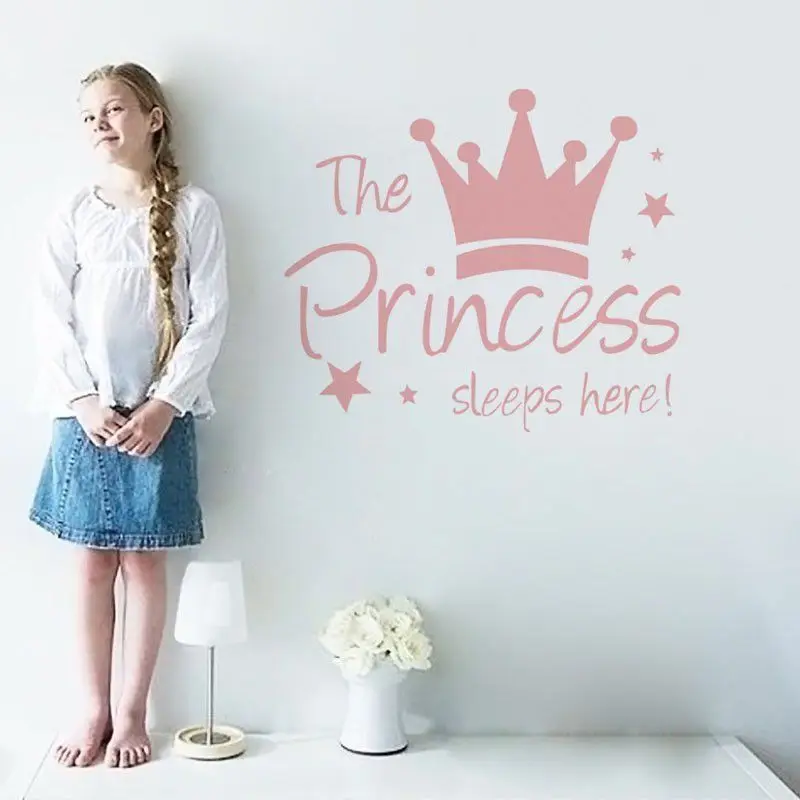 

PVC Wall Sticker Pink Crown Star Characters The Princess Sleep Here Girl Bedroom Decor Removable Furniture Vinyl Art Decal S M L