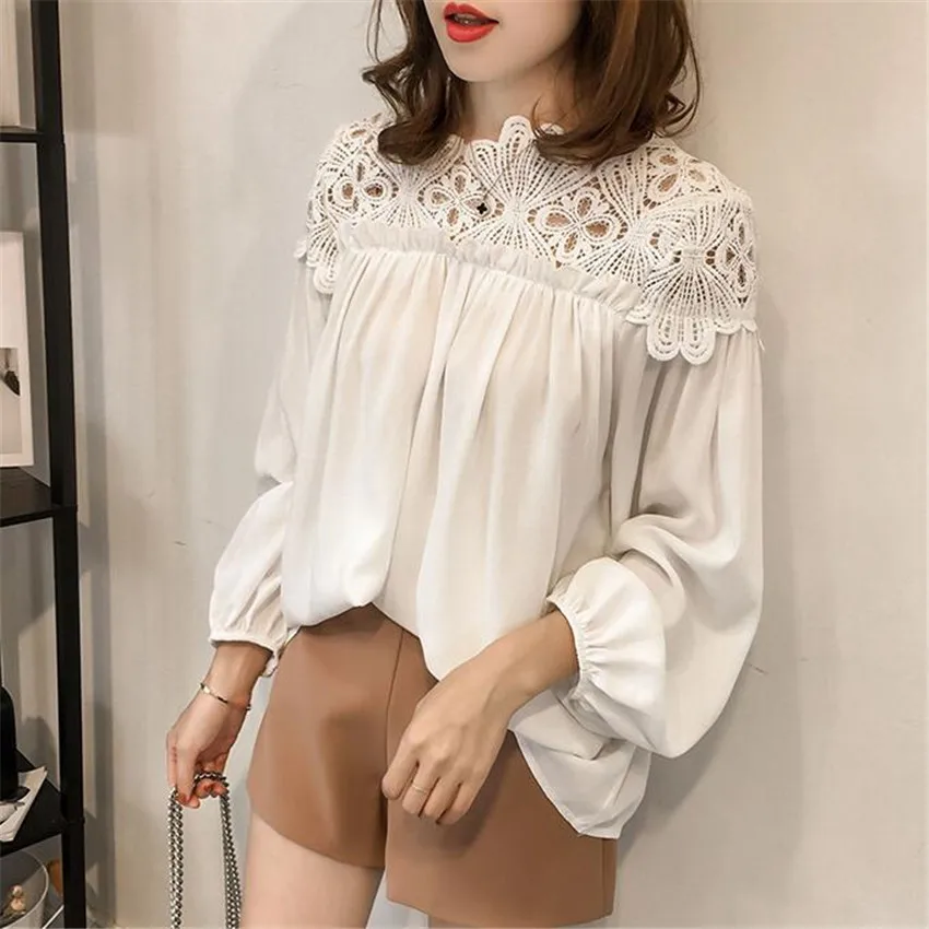 Women Chiffon Blouse Tops Spring Autumn Loose White Lace Blouses Female Long Sleeve Shirt Hollow Out OL Shirts Plus Size AB724 4
