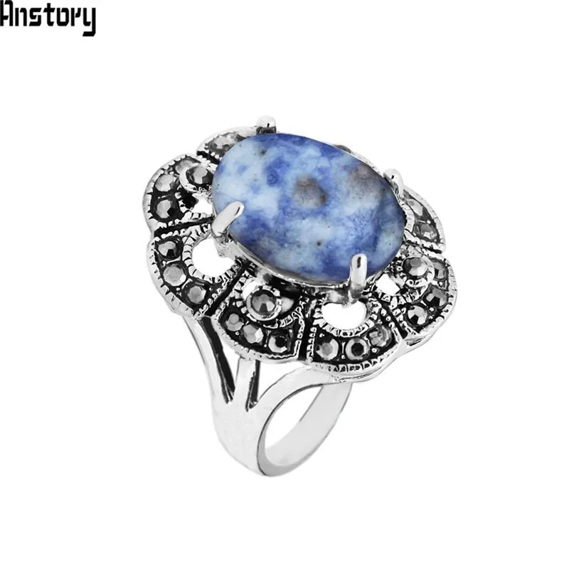 

Oval Natural River Stone Rings For Women Vintage Look Antique Silver Plated Rhinestone Plum Flower Fashion Jewelry TR688