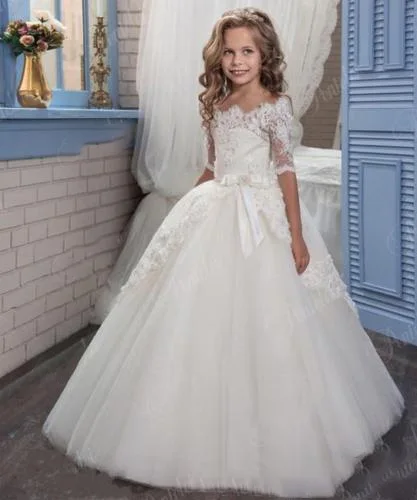 

White Lace Flower Girl Dresses for Weddings Tulle Baby Girl Communion Dresses