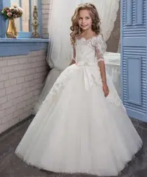 Белые кружевные платья с цветочным узором для девочек на свадьбу, фатиновые платья для причастия для маленьких девочек