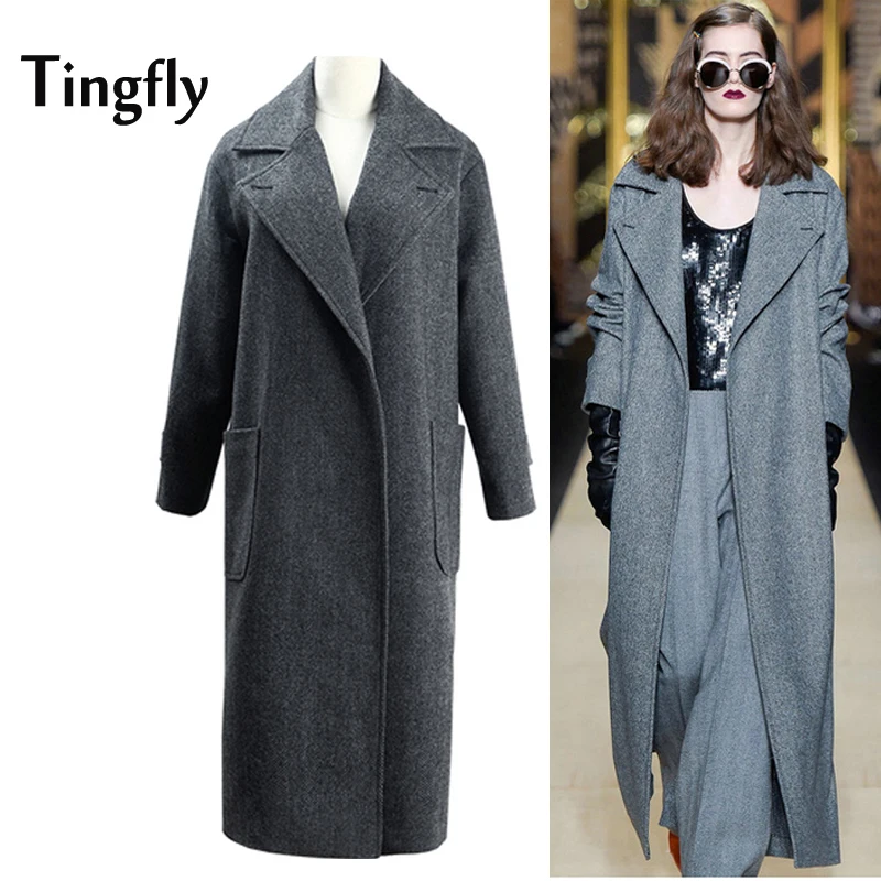Tingfly Runway Winter Wool Blending Extra Long Coats Women Turn down Collar Warm Designer Woollen Overcoat with Belt Female