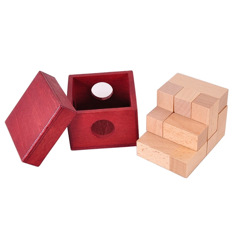 IQ Wooden Soma Cube Red Wooden Box with Cube Puzzle Logic Brain Teaser Wood Game Toys 3D Puzzles for Teens Adults Children Gifts 4