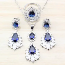 Роскошный женский костюм Кристалл Голубой Циркон 925 серебряные ювелирные наборы Длинные серьги-гвоздики/ожерелье и кулон/кольцо Размер 6/7/8/9/10