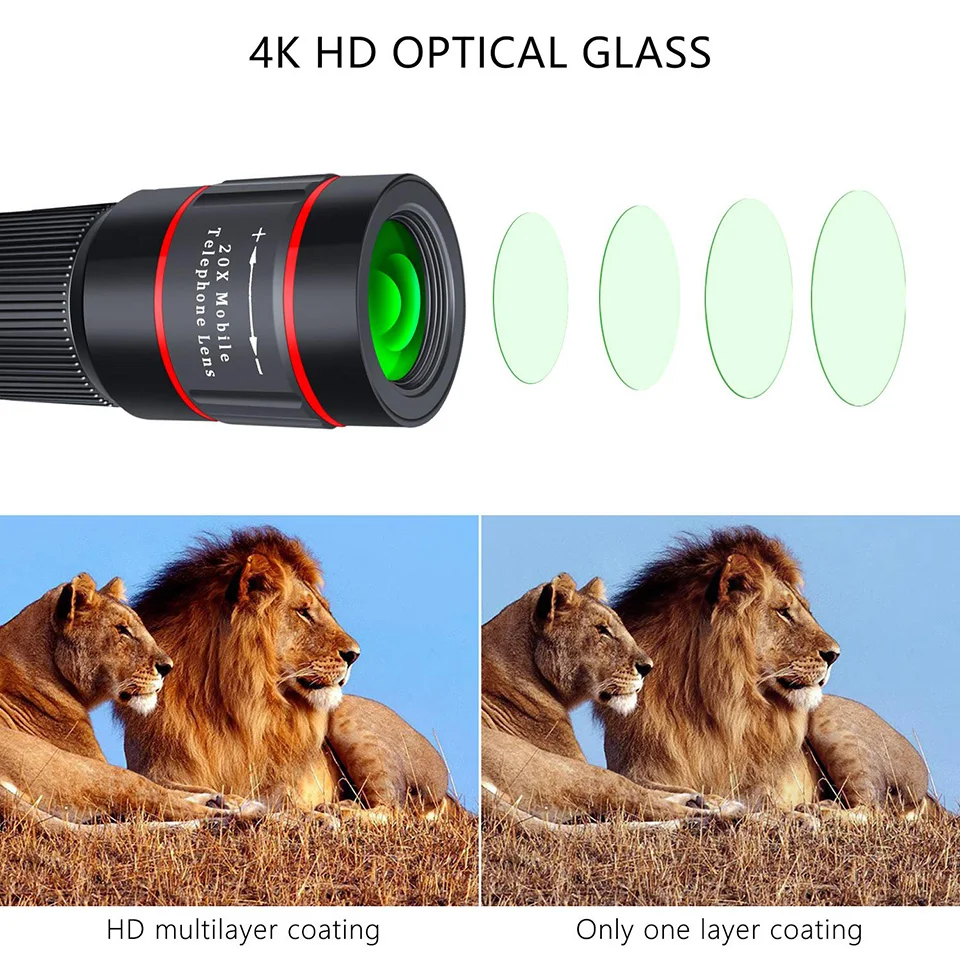 Online 20X Zoom teleobjetivo 4K HD Monocular telescopio teléfono lente de la cámara para iPhone Xs XR Samsung Universal Clip Telefon lente de la cámara
