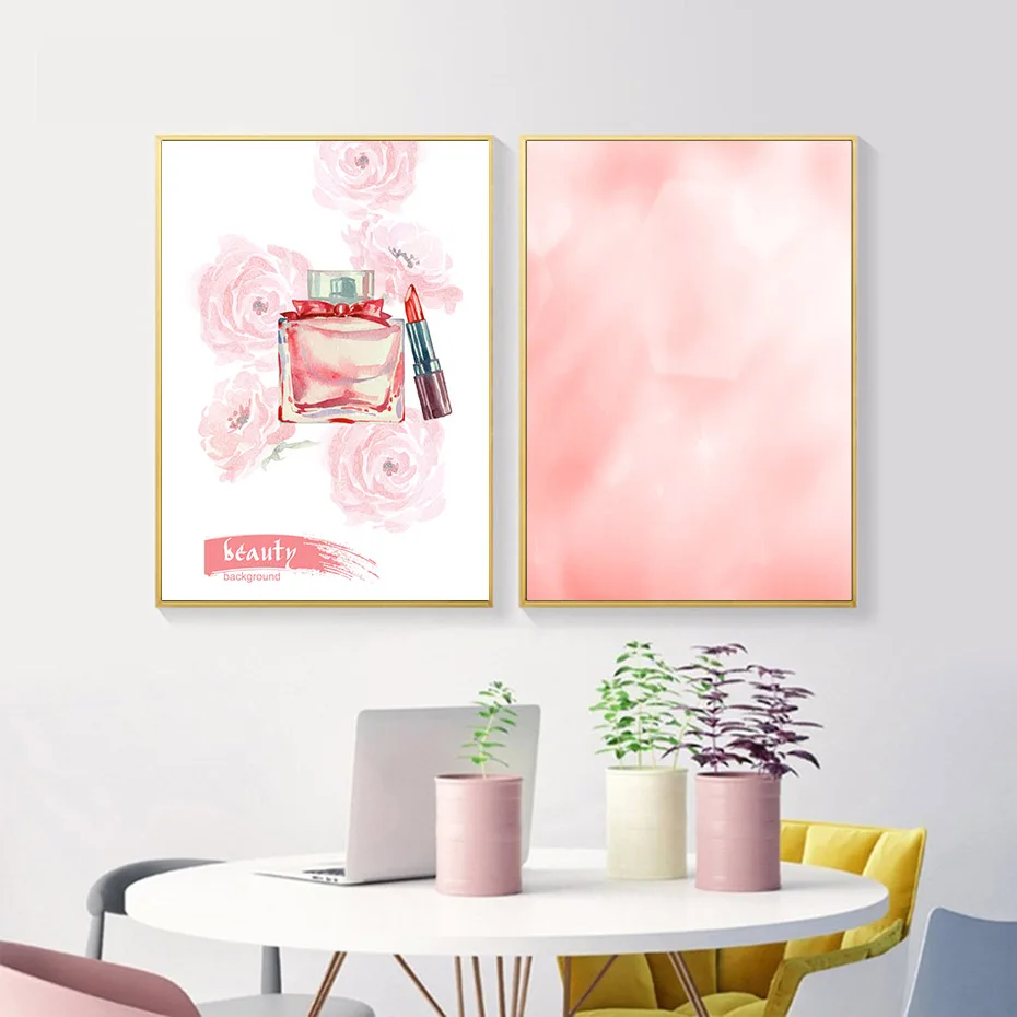 Lipstick Perfume Shoes Wall Art Pink Theme Abstract Watercolor Posters&Prints For Girls Room Decor Beautiful Gift For Christmas (1)