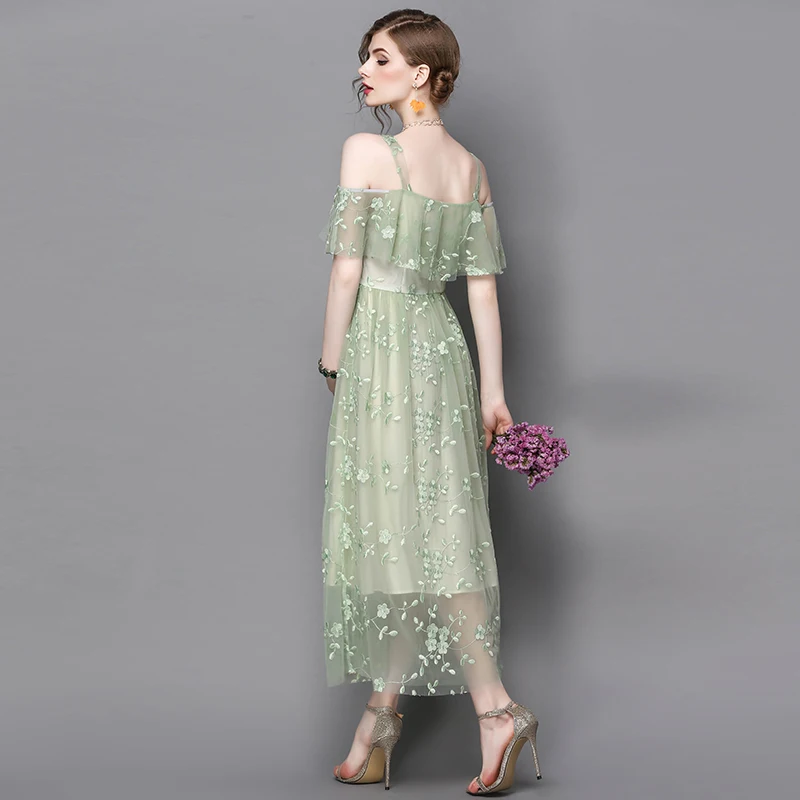 green gauze dress floral embroidery 