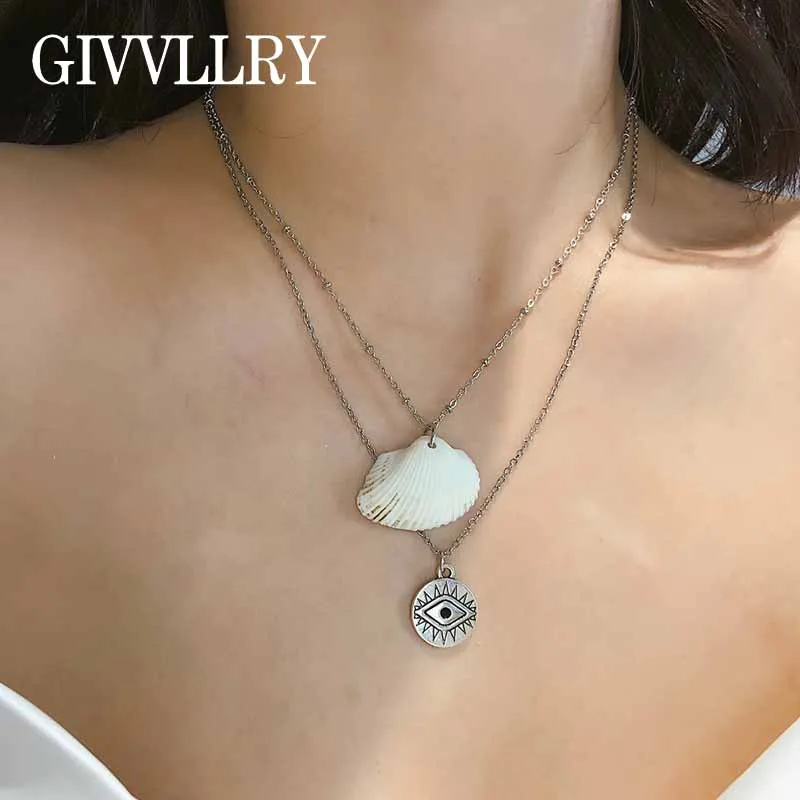 

GIVVLLRY 2 Layered Silver Chain Necklace Fashion Jewelry Bohemian Antique Coin Scallop Pendant Necklace for Women