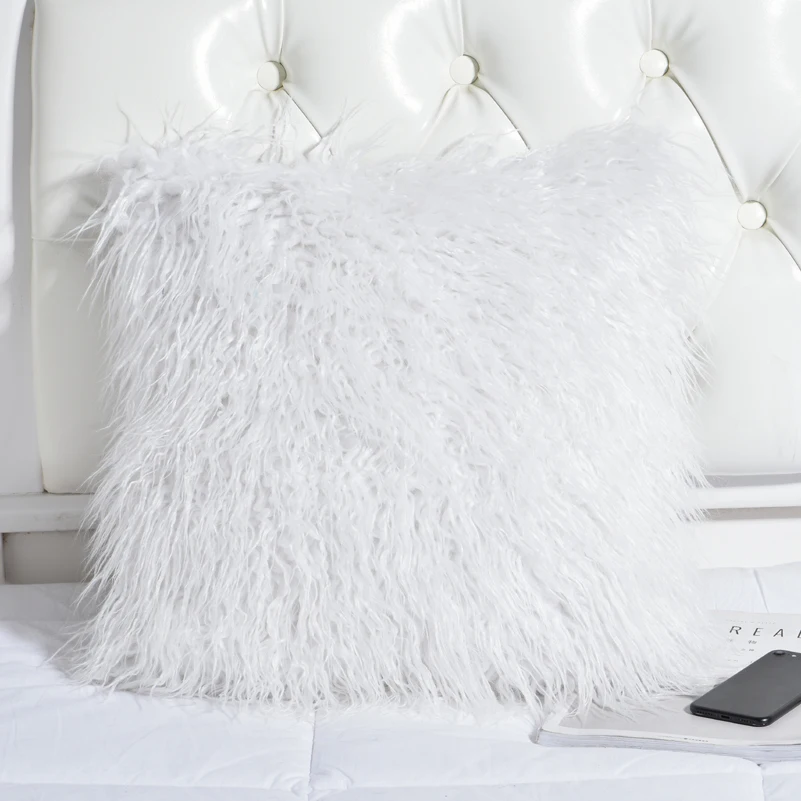 White Soft Mongolia Faux Fur Decorative Throw Pillows ...