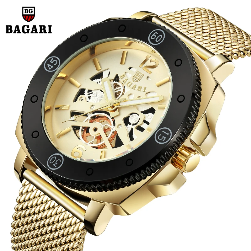 

BAGARI Mens Watches Top Brand Luxury Military Sport Wristwatch Stainless steel Fashion square Quartz Gold Watch Waterproof Clock