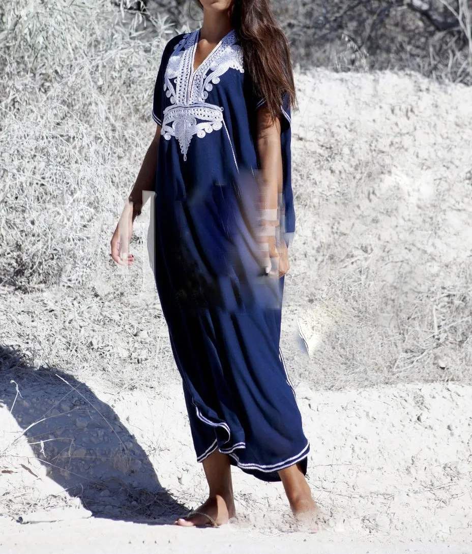 

Fashion 2019 Summer Plus Size Kaftan Cotton Beach Dress Cover Up Women Embroidery Long Maxi Robe Boho Sundress