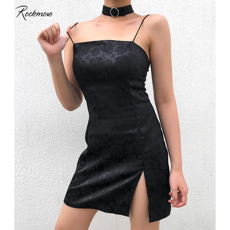 

Rockmore Bodycon Vintage Split Gothic Strappy Mini Wrap Dress Women Satin Sexy Spaghetti Straps Flower Dresses Femme Streetwear