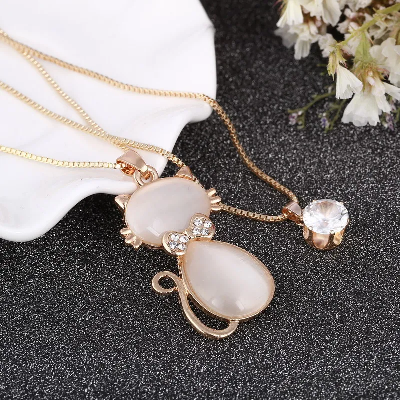 

Lovely Cat Design Pendant Double Chain Necklace Synthetic Rhinestone Bow Design Gold-color Long Chain Necklaces&Pendants