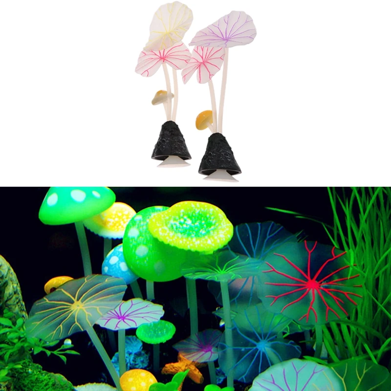 

Aquarium Artificial Lotus Leaf Mushroom Glowing Fish Tank Ornament Decoration