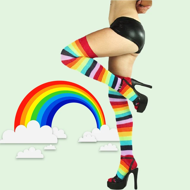 Las Beautiful Casual Rainbow Thigh Long Striped Stocking Over Las Beautiful Casual Rainbow Thigh Long Striped Stocking Over Knee Hose Temptation Stretch For Women