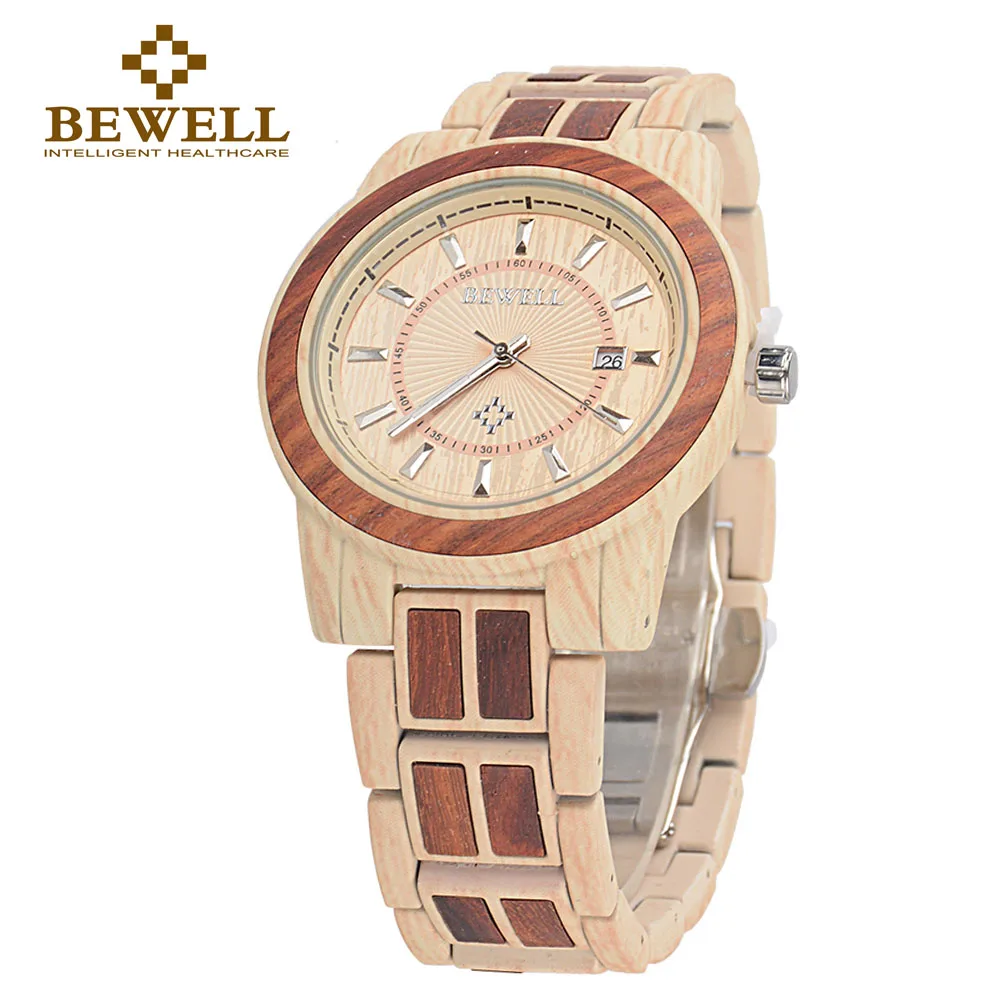 BEWELL New Arrival Unisex Alloy Wood Watch Men And Women Round Quartz Wristwatch 3 Bar Water Risistance Auto Date Watch W1053A 