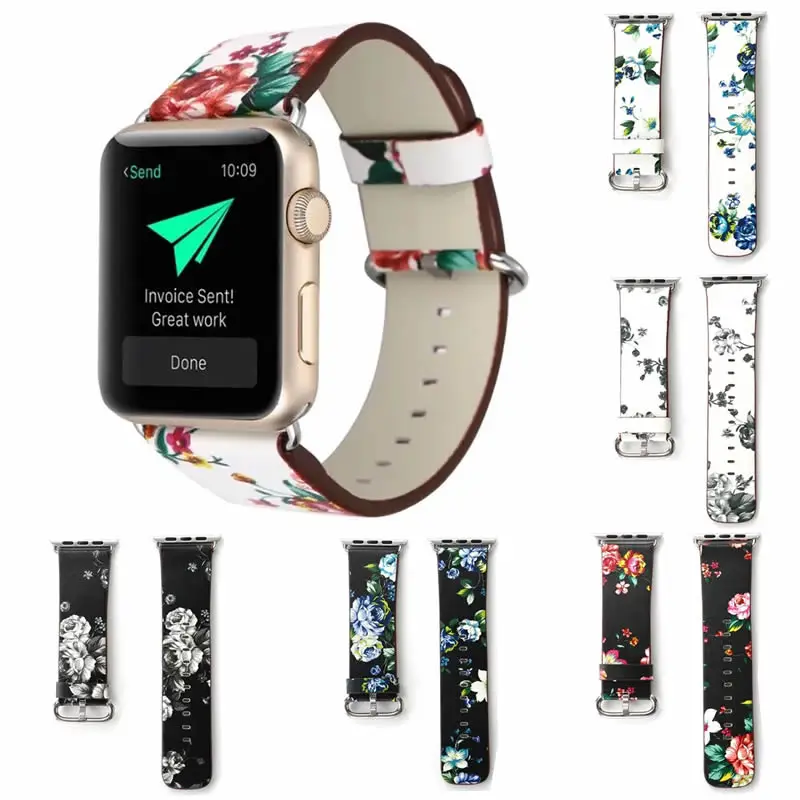 

Floral Leather Watchband for Apple Watch Band Strap 40mm/44mm/42mm/38mm Flower Leather Bracelet Wrist Belt for Iwatch 4 3 2 1