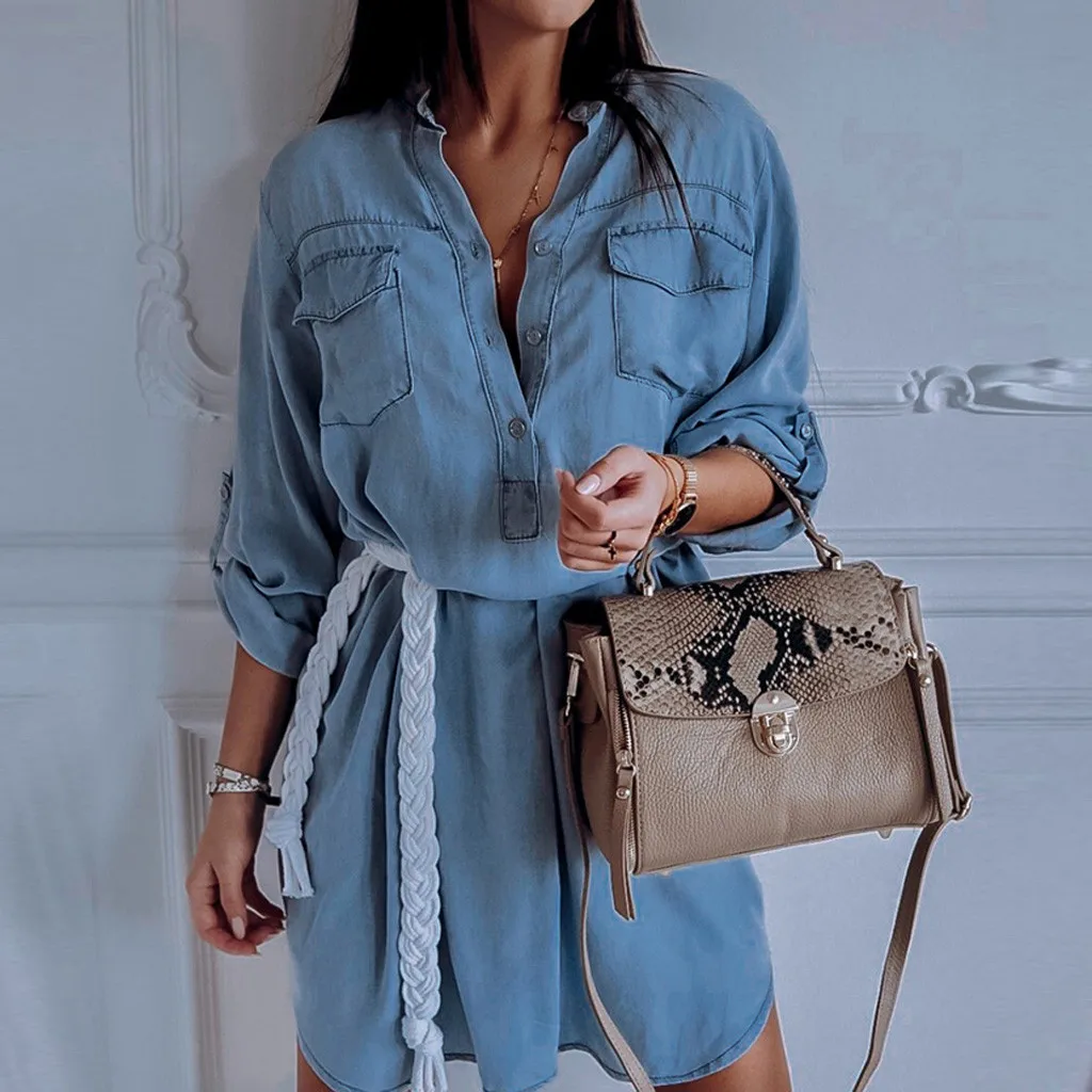 

Summer 2019 Hot Sale Womens Long Sleeve Pockets Longline Denim Shirt Dress Ladies Slim Fit Body Botton Jean Dresses