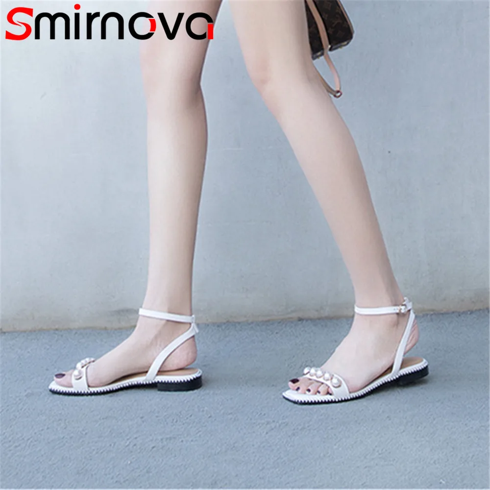 

Smirnova black white fashion summer new arrival shoes woman sandals women flat with casual genuine leather shoes string bead