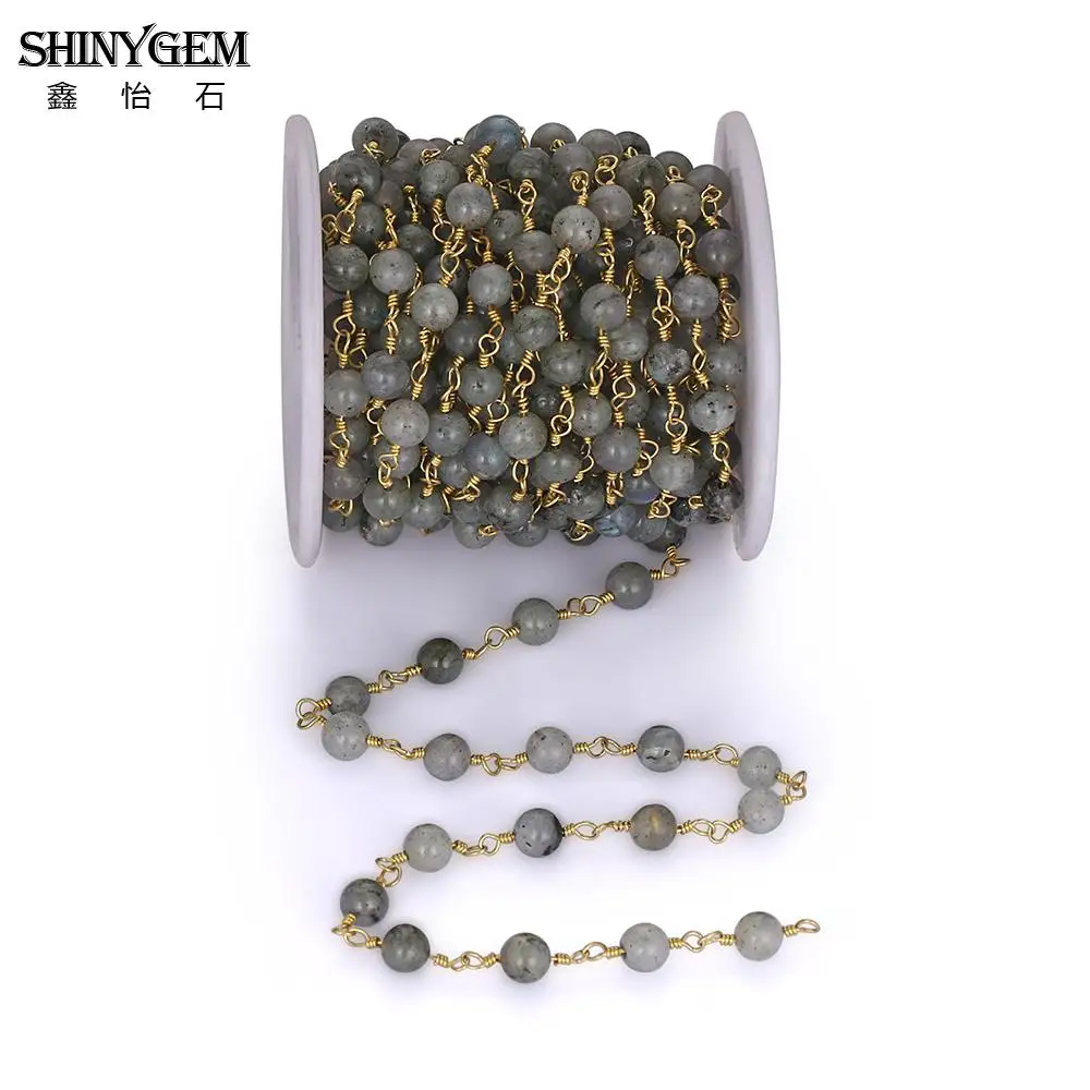 

ShinyGem Handmade Labradorite Bead Chains Gold Plating Wire Chain 6mm Natural Stone Bead Rosary Chains For Jewelry Making 5M/Lot