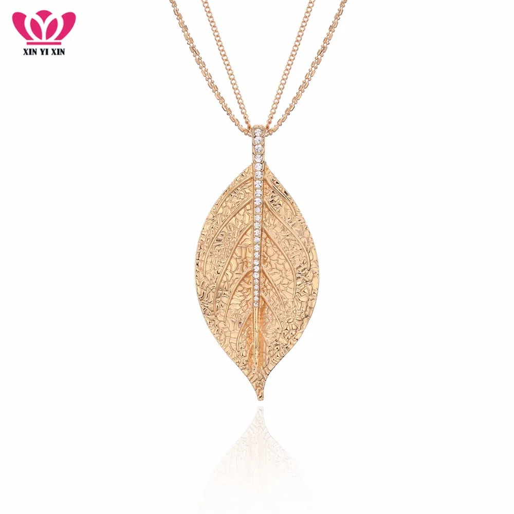 

Big Crystal Leaf Pendant Necklaces For Women Chains Sweater Long Necklace Gold Silver Leaves Collar Fashion Jewelry Party Gifts