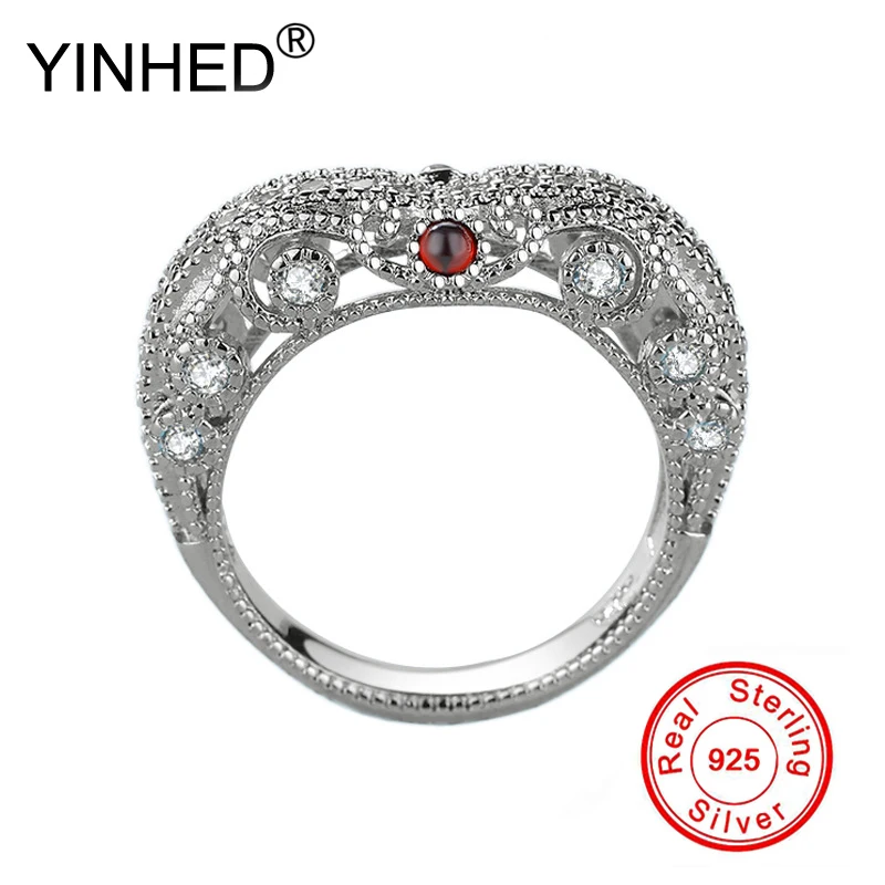 

YINHED Retro Women Rings Baroque Style Luxury 925 Sterling Silver Heart Wedding Ring Rubis Jewelry Tiny Zircon CZ Ring ZR571