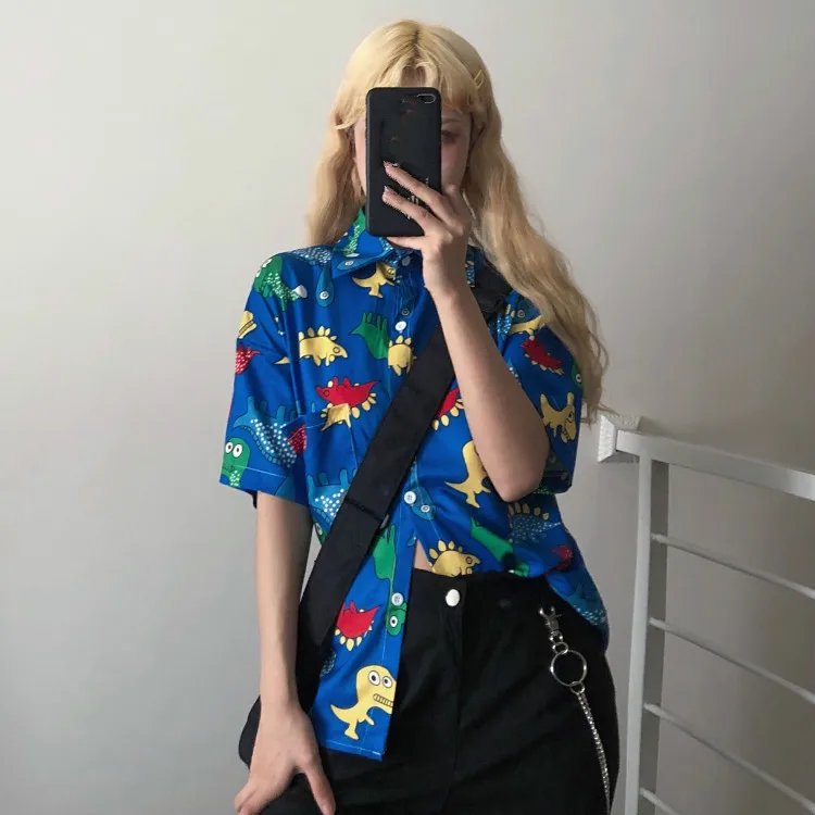Neploe корейский Harajuku женские рубашки динозавр печатных короткий рукав блузка 2019