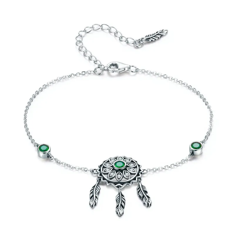 

925 Sterling Silver Bracelet Trendy Dream Catcher Chain Link Bracelets for Women Green CZ Vintage Silver Bracelet Jewelry