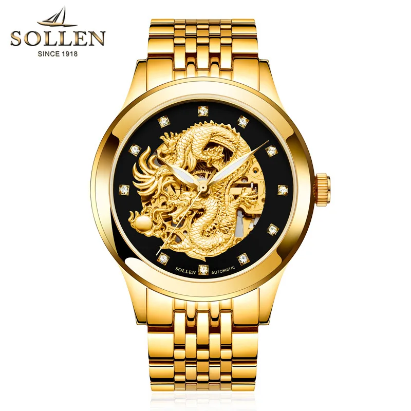 

Brand Automatic Mechanical Men Watches 3D China Dragon Mechanical Skeleton diamond Watch men wristwatches 50m Waterproof clock