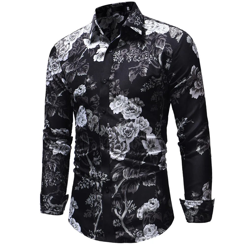 Men's Autumn Winter Casual Print Floral Long Sleeve Button shirt Top