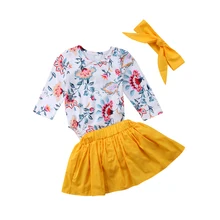 Боди с цветочным принтом и длинными рукавами для новорожденных девочек, топы+ шорты, платье+ повязка на голову, одежда для детей от 0 до 24 месяцев
