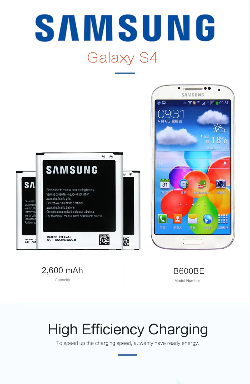 samsung S4 Батарея для Galaxy S4 i9500 i9505 i337 i545 i9295 e330s B600BE 2600 мАч с NFC