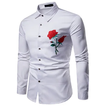 

2019 Men's Luxury Tops Shirt Slim Fit Casual Dress Shirt Red Rose Flower Embroidered Floral Shirt Long Sleeve Male Shirt Eu Size